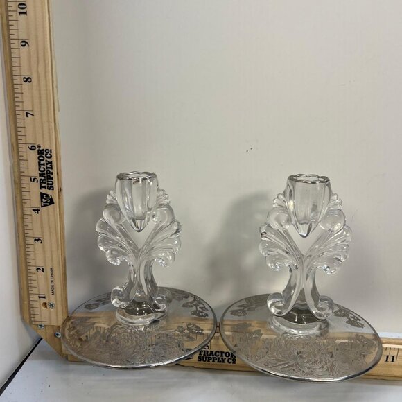 None Other - Vintage Clear Pair of Crystal Glass Candle Holders with Floral Etching Decor